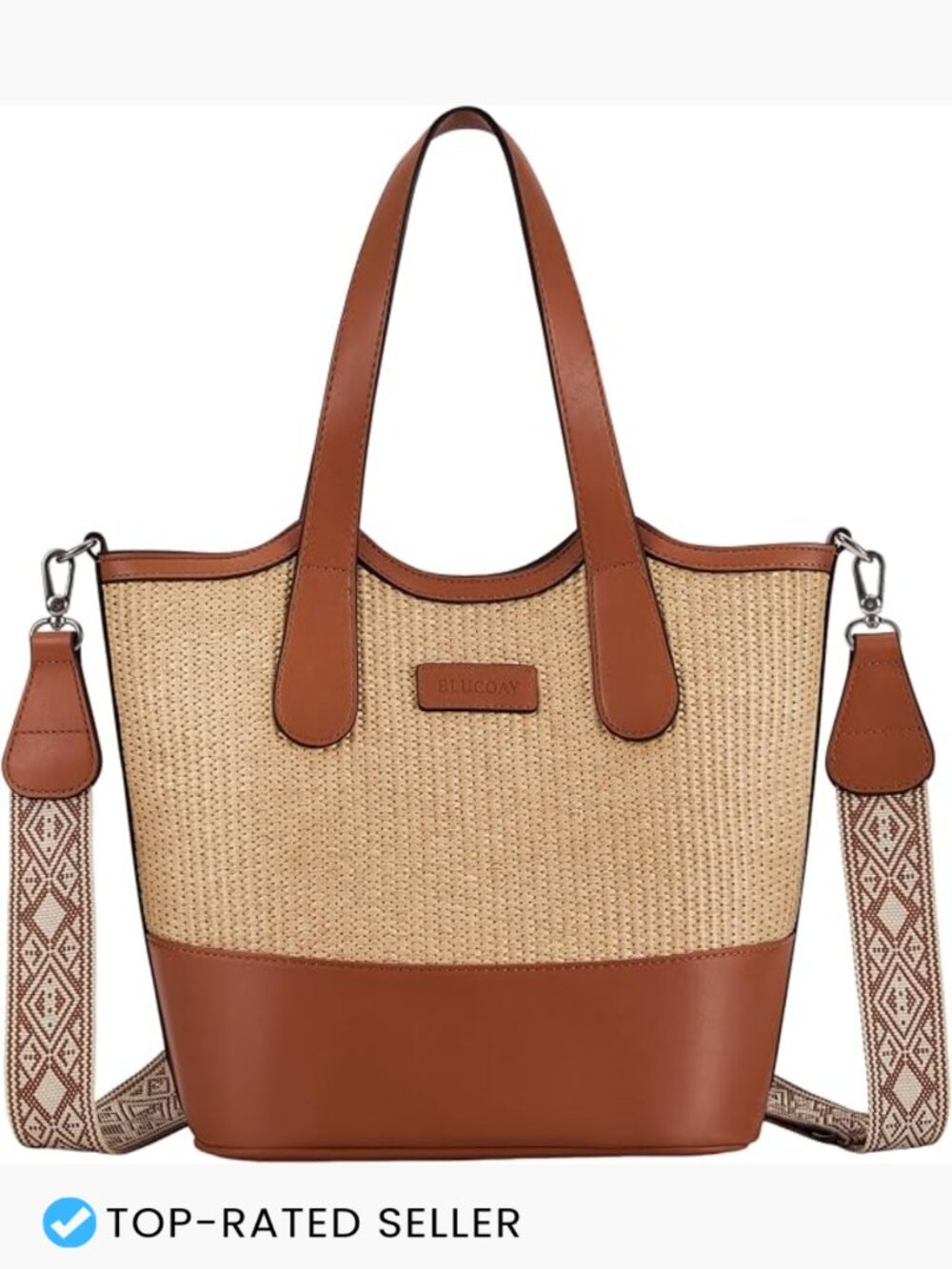 Straw Woven Vegan Leather Bucket Tote Bag Crossbody Shoulder Handbag Travel